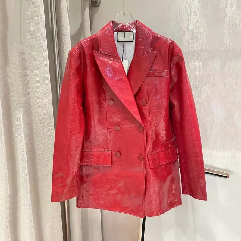 Manteau à Double Boutonnage en Peau d'Agneau pour Femme, Rouge, de Haute Qualité, Nouvelle Collection, 2024