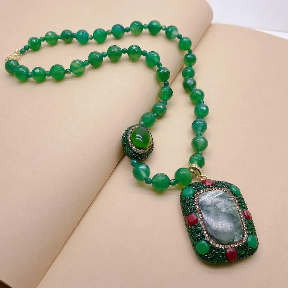 Y·YING Green Agate Crystal Necklace Natural Seraphinite Rectangle Shape Pendant Handmade Jewelry For Gift