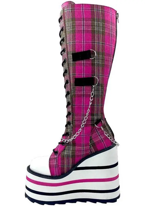 Kawaii Canvas Pink/Red Lattice Platform Knee High Boots Women\'s Metal Chain Wedges Lace up Big Size Boot Y2K Cosplay Shoes