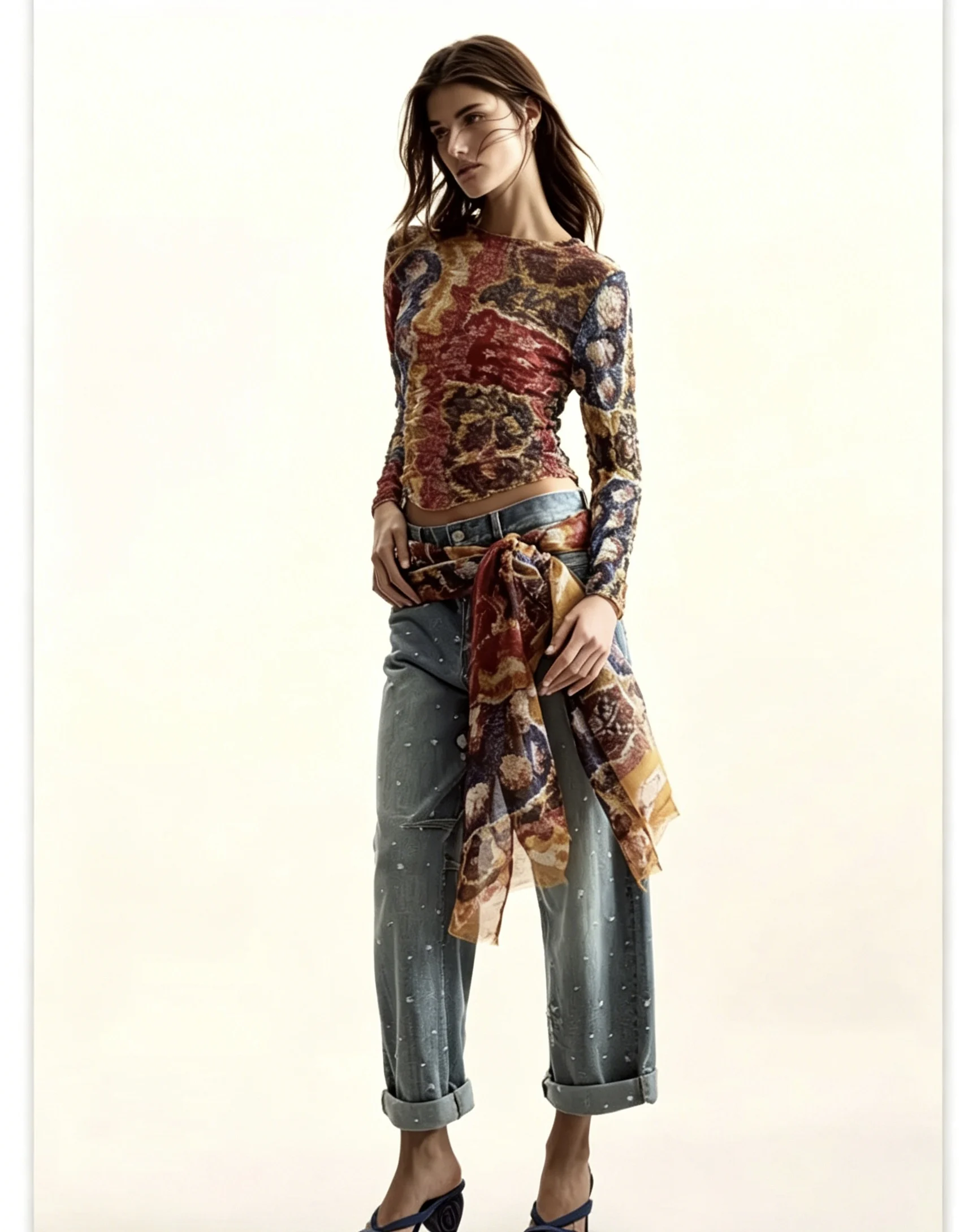 Foreign trade Spain original single women's T-shirt long sleeved elastic lightweight pleated printed top 2026 new product