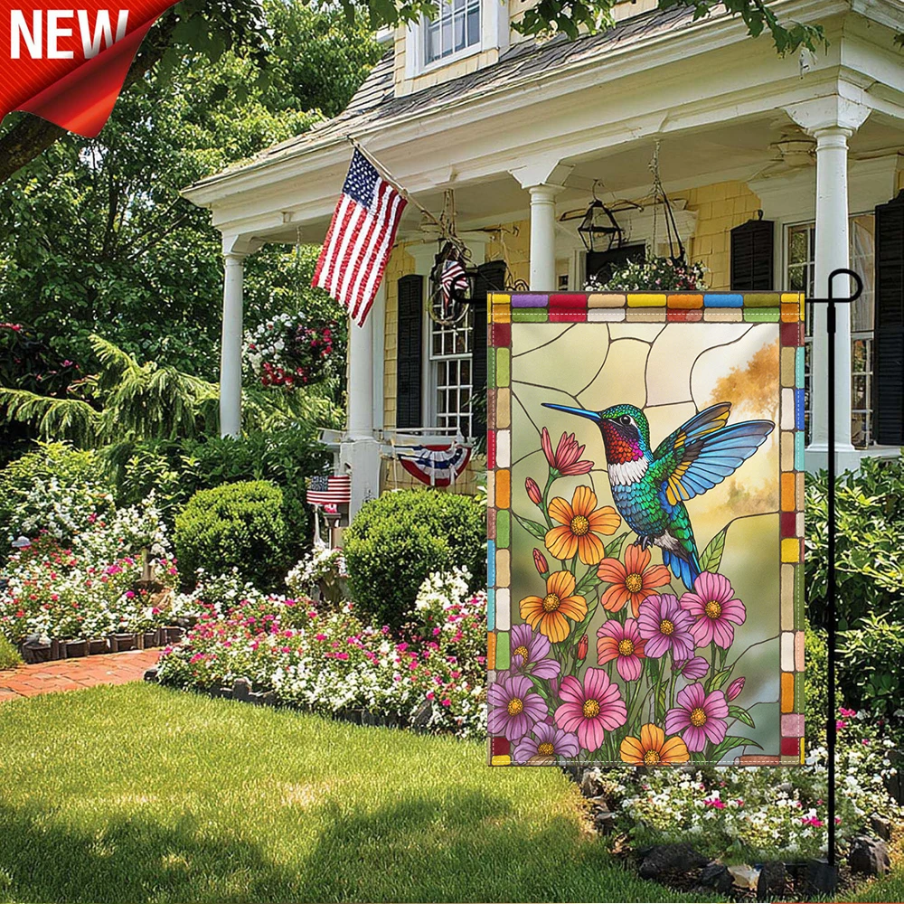 

1PC, Stained Glass Hummingbird Garden Flag Floral Bird Decorative Outdoor Yard Flag for Spring Summer