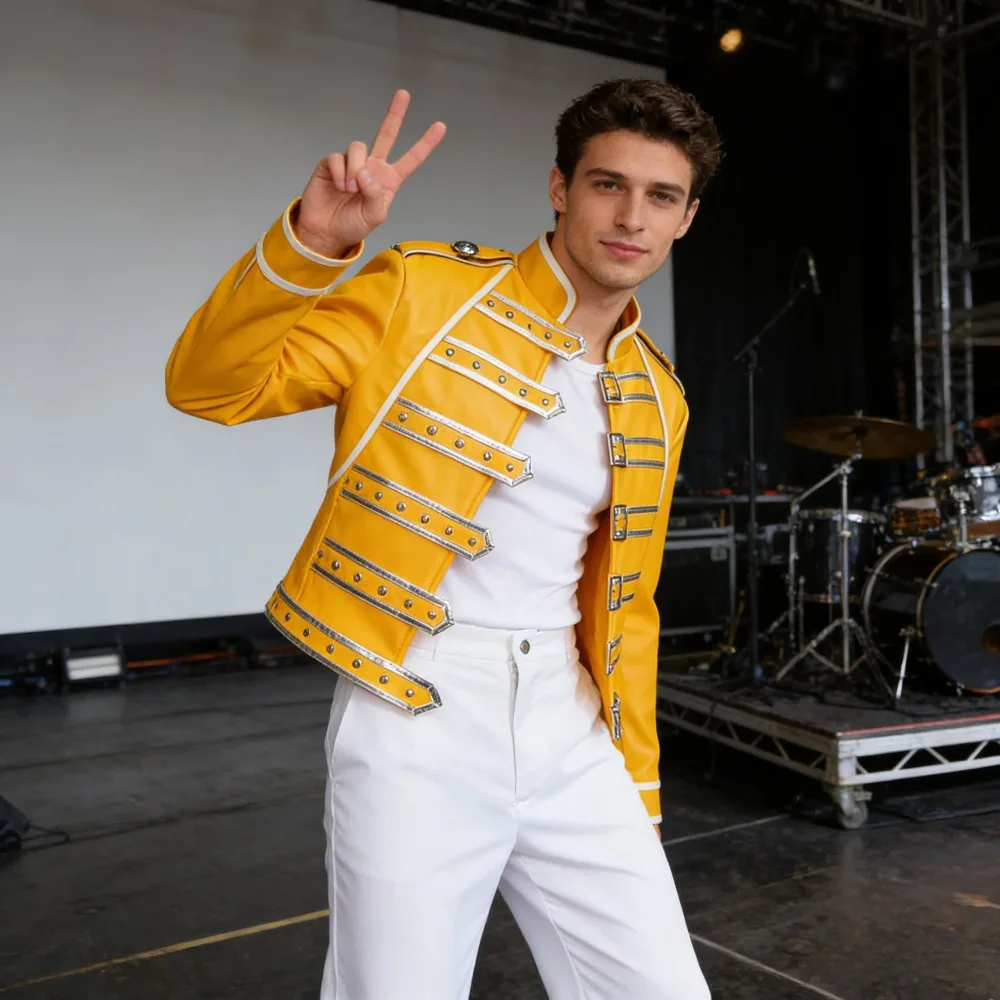 

Band Lead Singer Stage Performance Costume Same Style Yellow Jacket White Pants Unisex Adult Party Comic Con Halloween Outfit