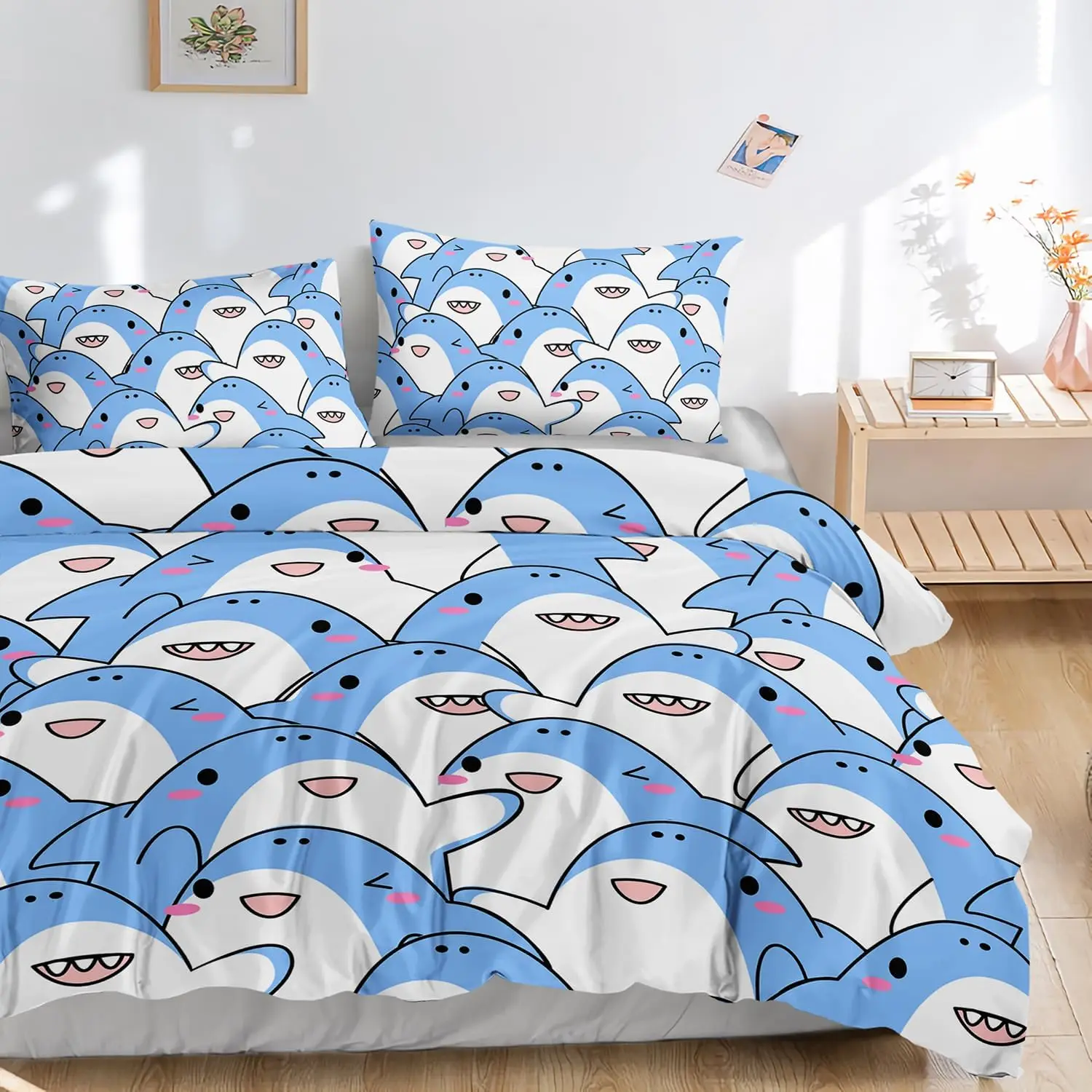 Cartoon Shark Duvet Cover Set for Kids Blue Shark Bedding Set Lovely Sea Animal Comforter Cover with 2 Pillowcase Bedroom Decor