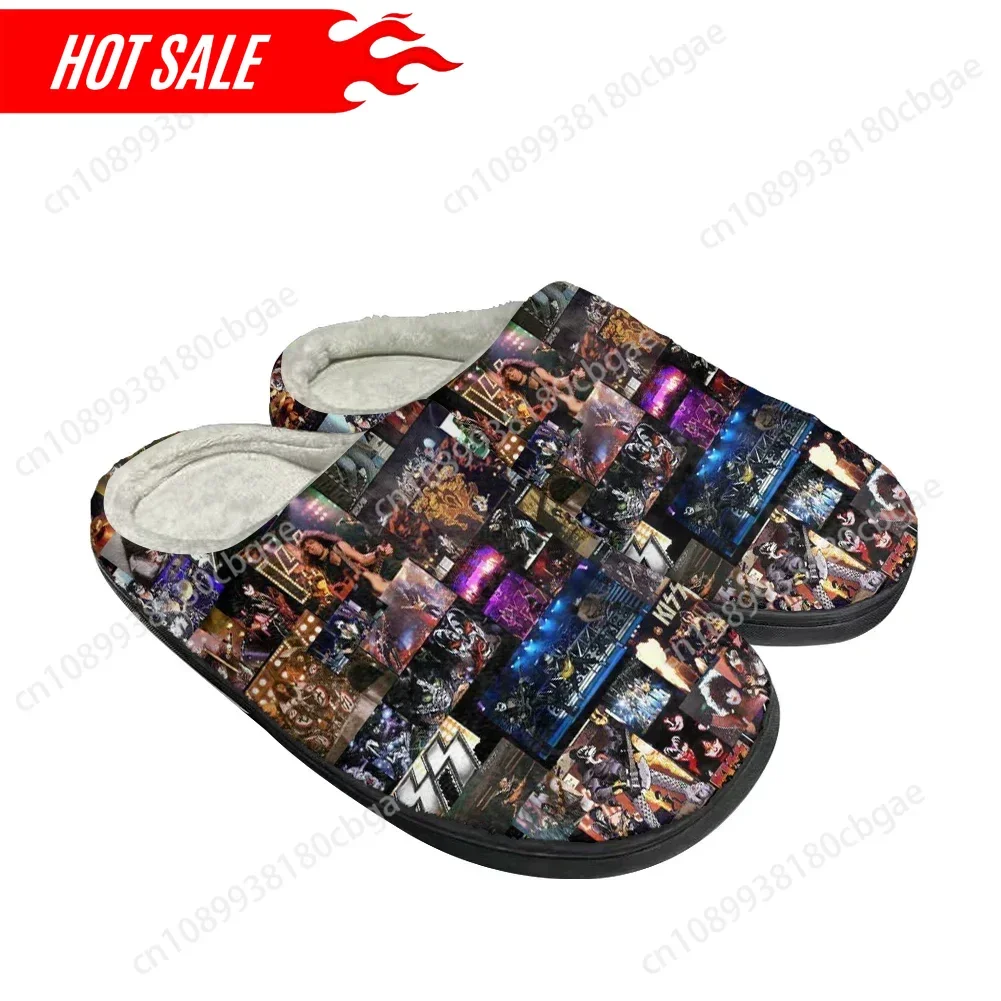 Zapatillas personalizadas de algodón a la moda con banda Kiss, sandalias para hombre y mujer, zapatos informales de felpa para mantener el calor, zapatilla térmica cómoda