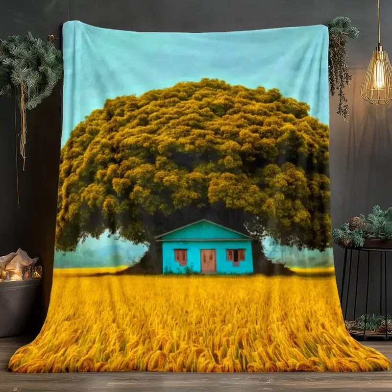 بطانية الفانيلا بتصميم البيت الأزرق والقمح الذهبي - خفيفة الوزن ودافئة للأريكة والسفر والسرير والمكتب - عيد الهالوين