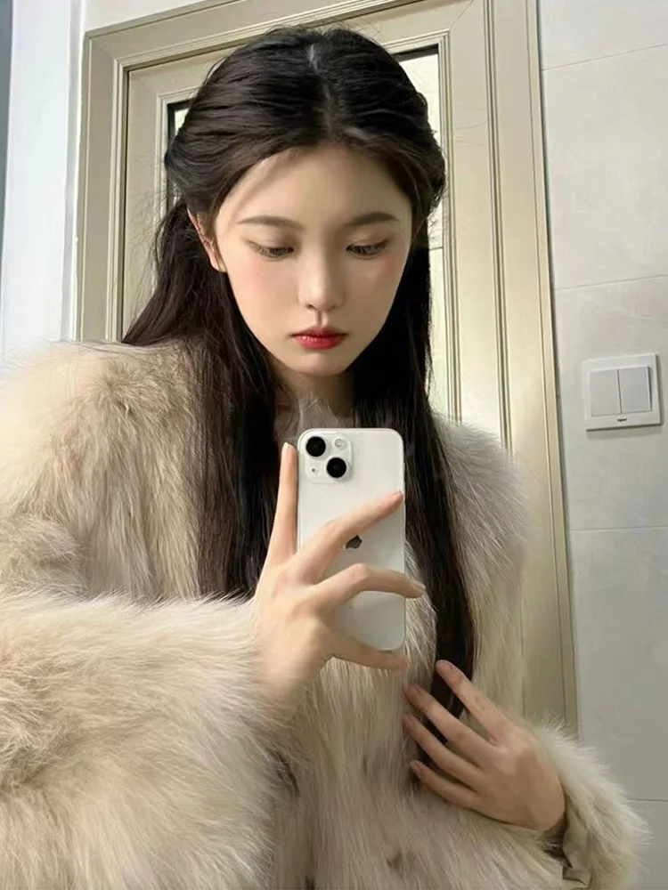 Nepbont Vrouwen Elegante Jas Winter Mode Lange Mouw Warme Jas Koreaanse Faux Vos O Hals Vrouwelijke Zoete Effen Chic Uitloper Tops