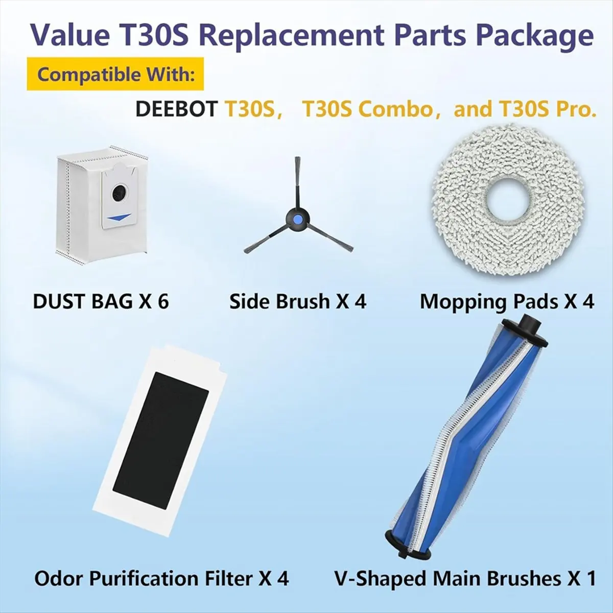 

(A25M) For ECOVACS Deebot T30S Omni/Max/Pro, T30S Max Robot Vacuum Cleaner Main Side Brush Hepa Filters Mop Cloth Bags