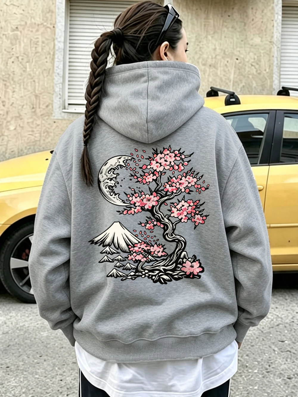 Tokyo Cherry Fuji Mountain Prints Hoodie Women Comfortable Loose Sweatshirt Winter Fleece Warm Pullover Basics Pocket Clothes