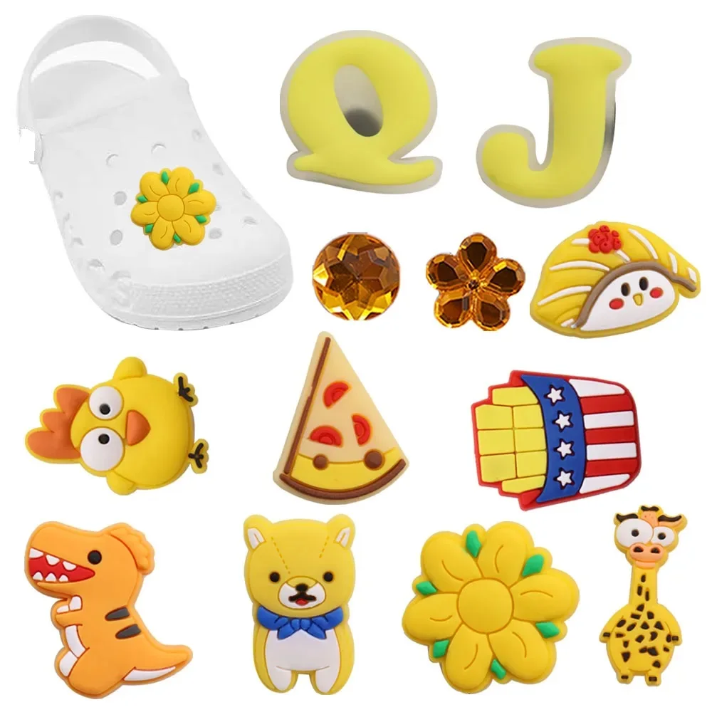 Mix 50pcs Cartoon Chicken Dog Giraffe Dinosaur Sushi Fries Flower Pizza PVC Shoe Buckle Charms Accessories Children Shoe Button