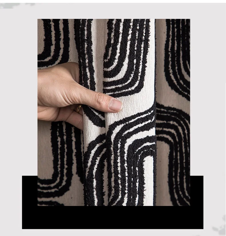 Luxury French Black White Chenille Blackout Curtains for Living Room Bedroom, Nordic Classical Geometric Thicken Velvet Drapes