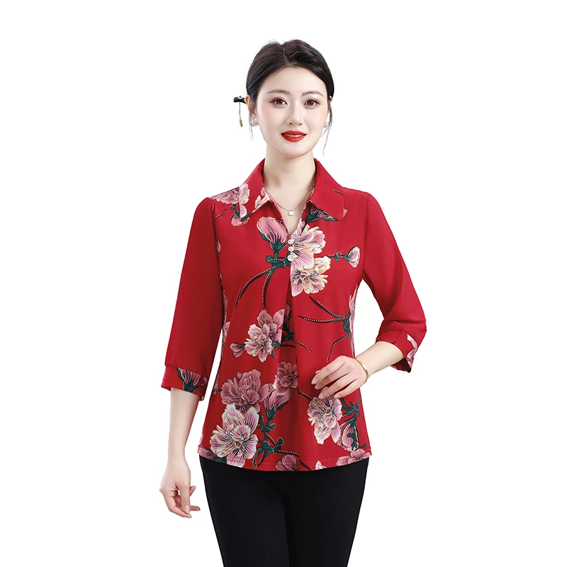 Women's Polo Neck Loose Spliced 3/4 Sleeve Summer Fashion Blouses Korean Commute Printing Shirt