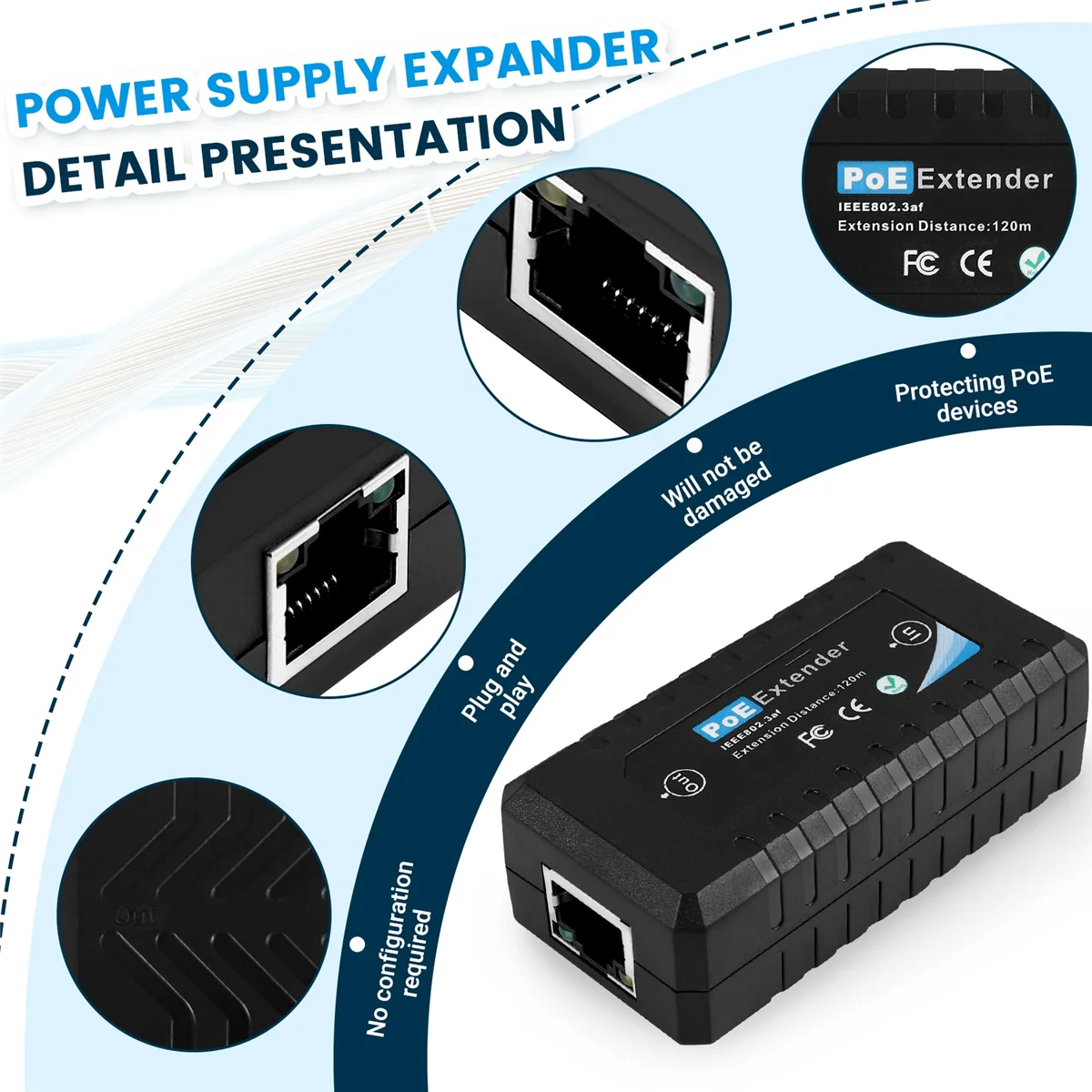 Extensor poe de 1 porta 10/100mbps com entrada/saída padrão ieee 802.3af para câmera ip distância de transmissão 120 metros