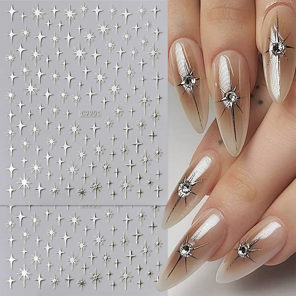 1pc Metall Rose Gold Stern Nail art Aufkleber 3D Bronzing Gold/Silber/Schwarz Stern Nagel Decak 8X10CM Laser Stern/Herz Maniküre Slider