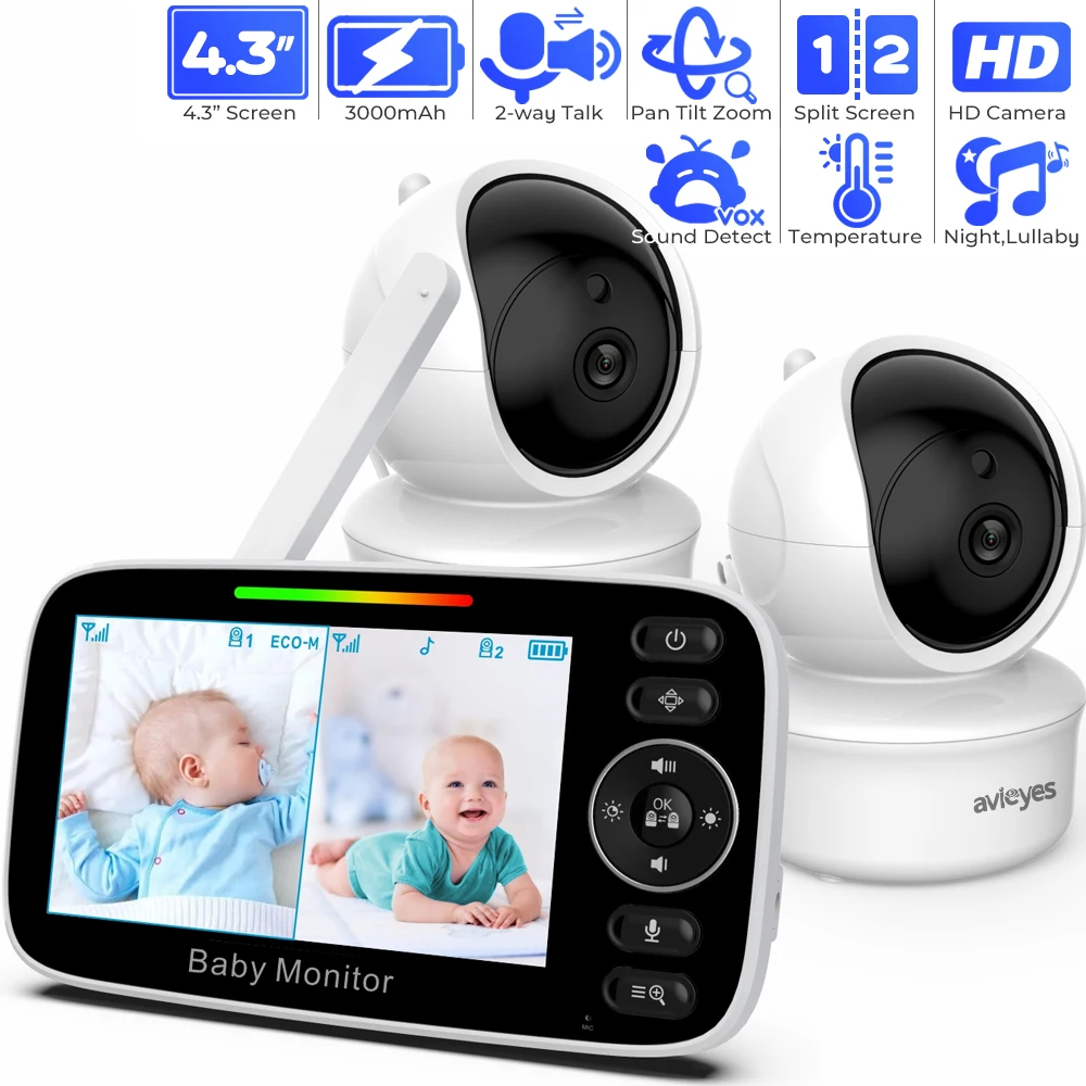 4.3 Inch Electronic Baby Monitor with 2 Cameras Dual Split Screen Baby Phone No APP Pan Tilt Zoom Nanny Video Monitors HD Night