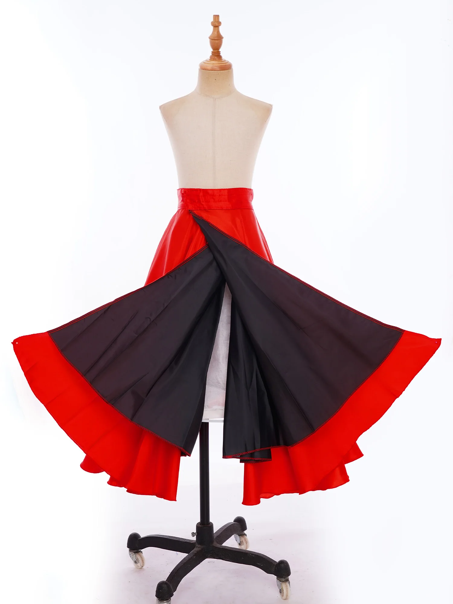 Red Kids Girls Side Split Wide Hemline Satin Skirt Fastener Waistband Skirts Spanish Flamenco Ballroom Dance Performance Costume