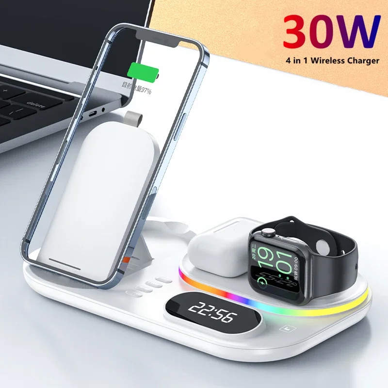 New LED Night Light Wireless Charger 4 in 1 Charger For iPhone 16 15 14 13 12 11 Charging Dock Station for Apple Watch Airpods