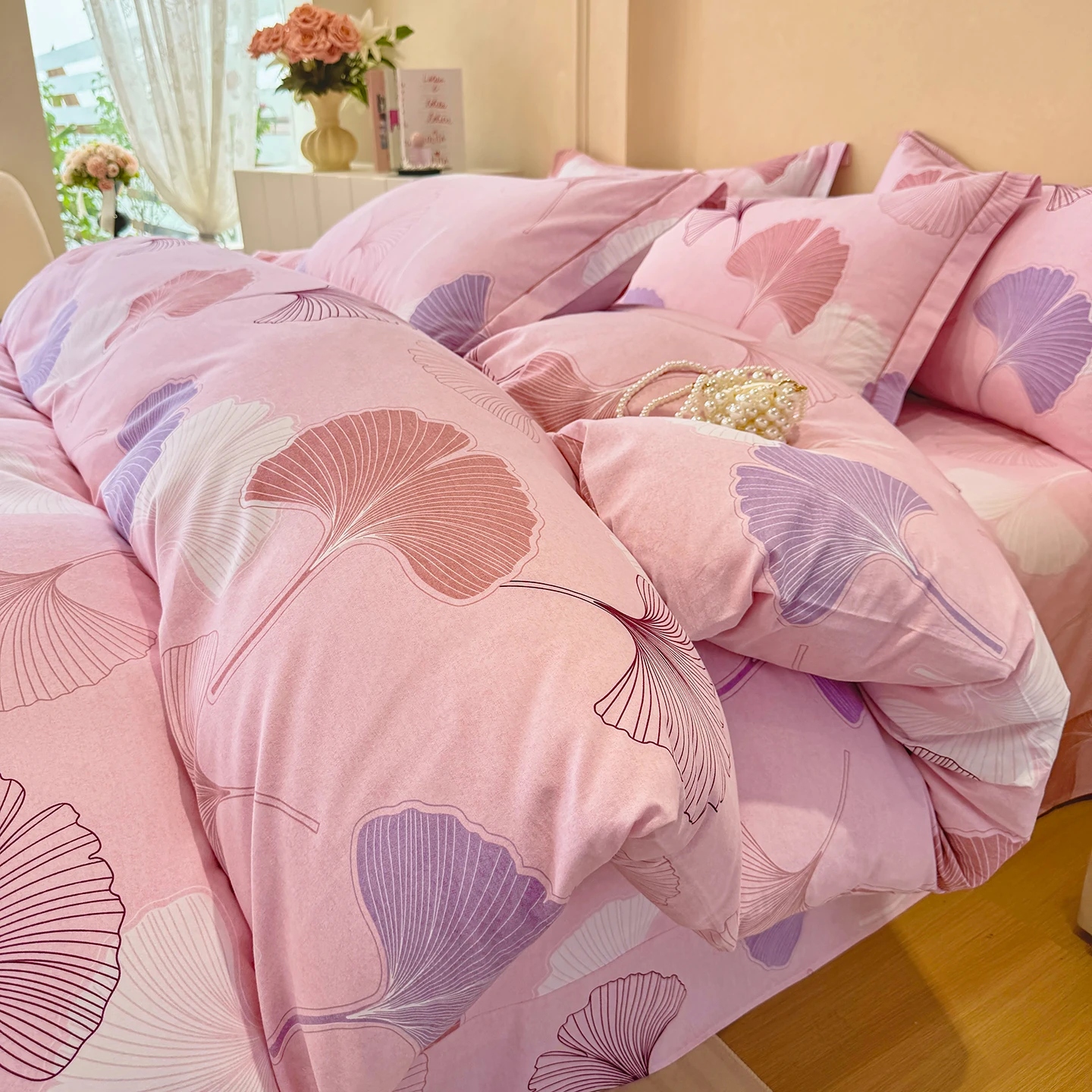 100% Cotton Bedding Set Brushed Dreamy Style Ginkgo Biloba Leaves Pink Duvet Cover Sheet Set Sheet King Queen for Bedroom Decor
