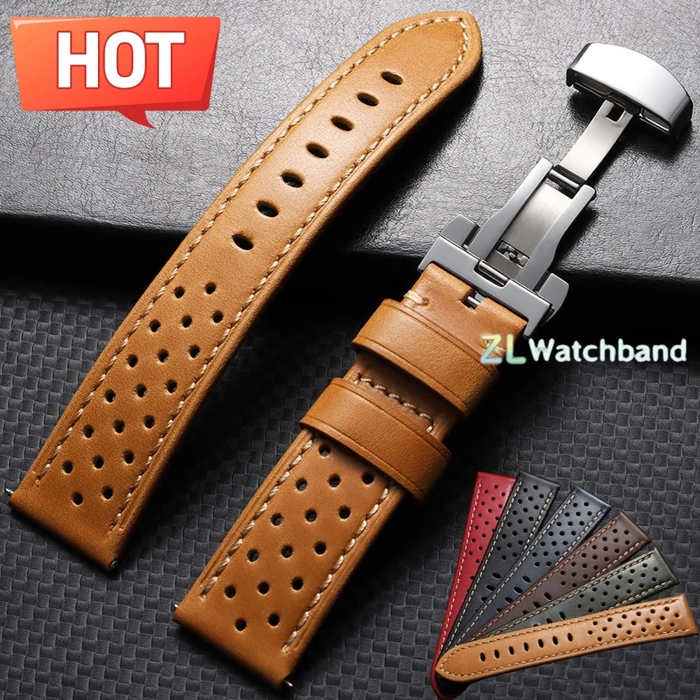 Vintage Leder-Uhrenarmband 18mm 20mm 22mm 24mm Atmungsaktives Poröses Schnellwechsel-Armband Ersatzband mit Schmetterlingsverschluss