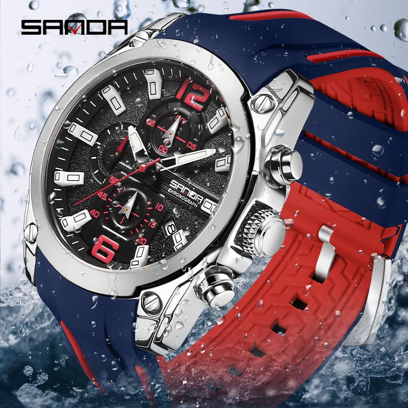 SANDA Luxury Watches for Men Fashion Silicone Strap Military Waterproof Sport Chronograph Quartz WristWatch Clock With Date