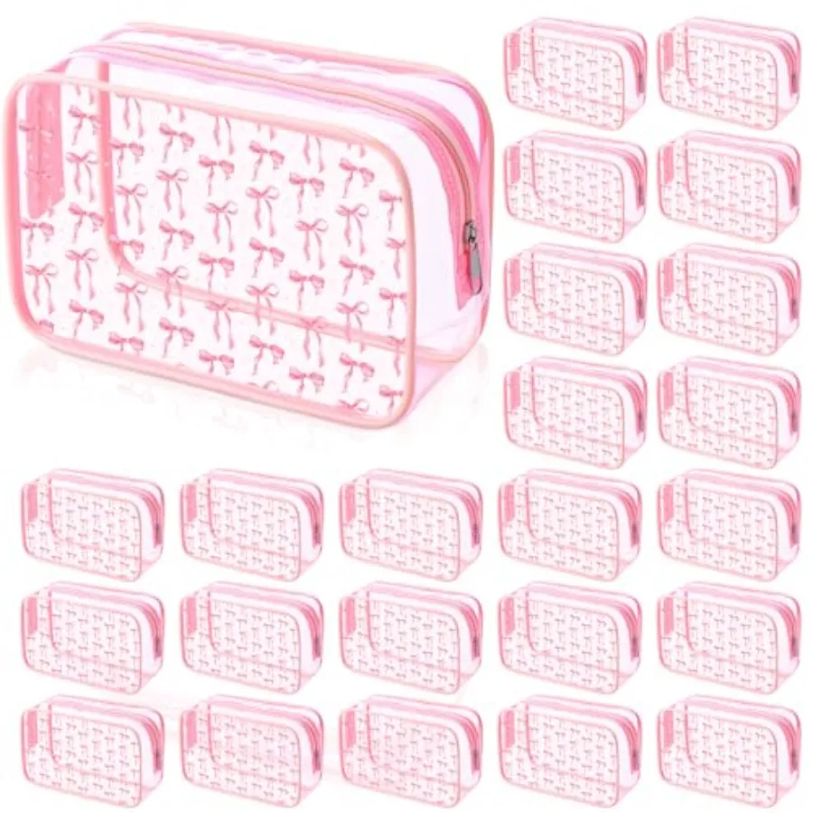 

24 Pcs Pink Bow Cosmetic Bag Coquette Preppy PVC Makeup Bag Bulk Zippered Travel Toiletry Pouch Gift for Women Birthda