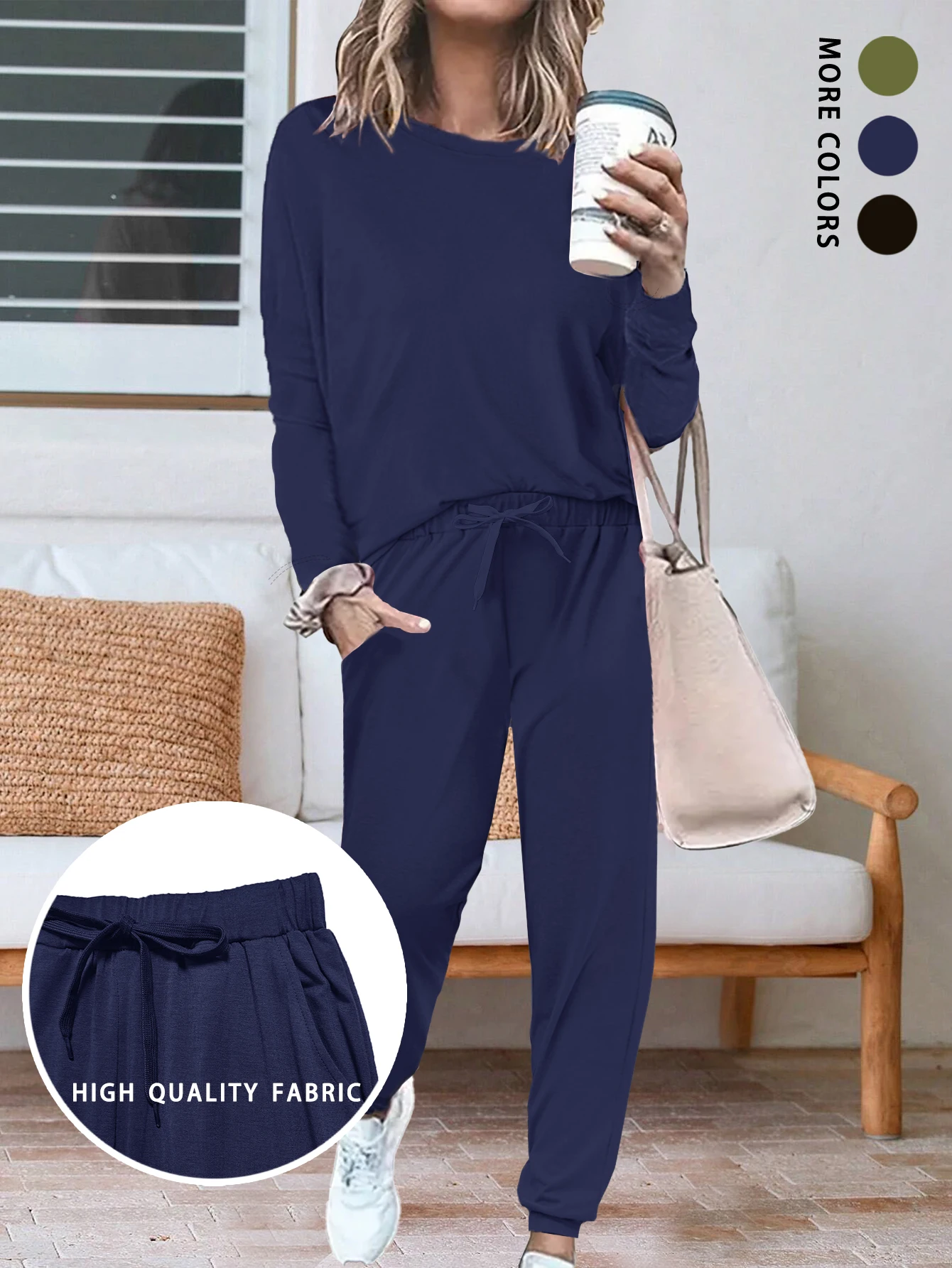 

Solid color casual suit women's autumn and winter loose knitted top+ankle tied pants fashionable and comfortable two-piece set