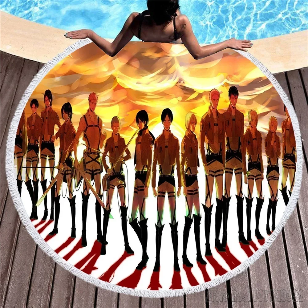 Anime Attack On Titan Cartoon Round 150cm Beach Towel Microfiber Children Kids Swimming Hawaii Bath Towel With Tassel