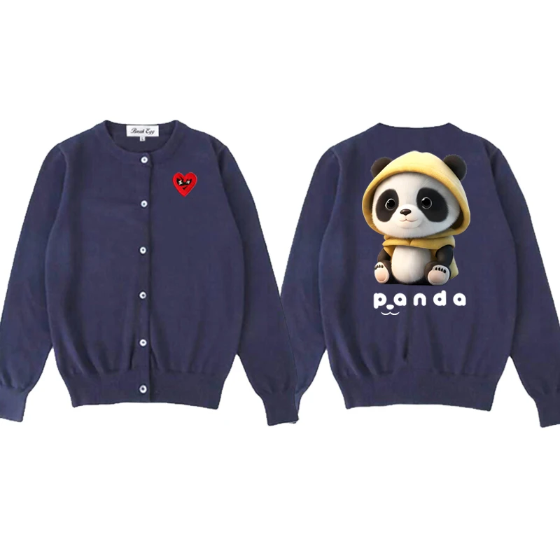 Panda with Hat Cartoon Print Women Cardigan Cotton Cute Red Glasses Heart Embroidery O-Neck Single Breasted Autumn Fit Sweater