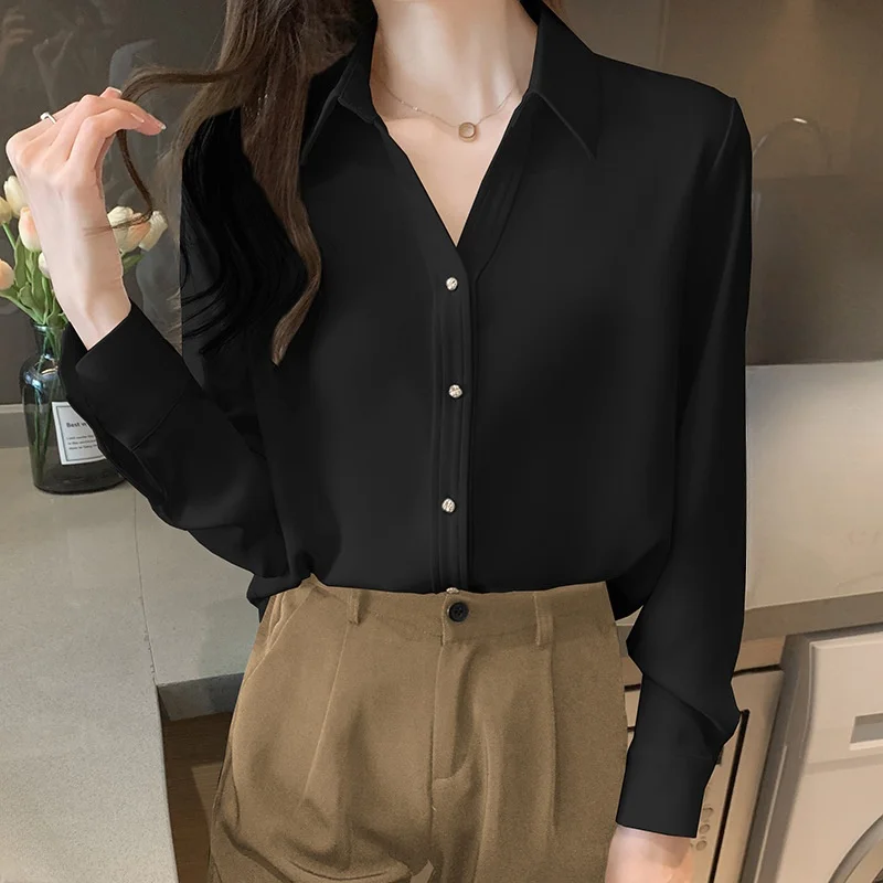 Autumn Women's Long Sleeve Satin Shirt Metal Button Interview Professional Shirt Solid Color Fashion Slimming Chiffon Top