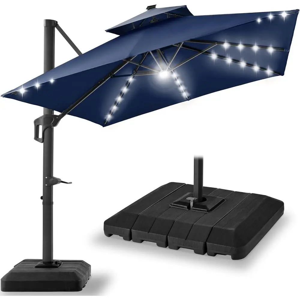 

10x10 LED-lit Cantilever Umbrella with 360° Rotation, Navy Blue for Outdoor Patio, Deck, or Pool Area