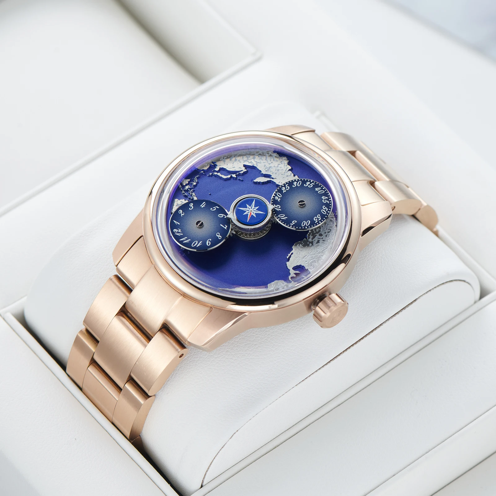 

OBLVLO мужские роскошные автоматические часы розовое золото земляной циферблат светящийся синий циферблат водонепроницаемые механические наручные часы с браслетом JM-EAR