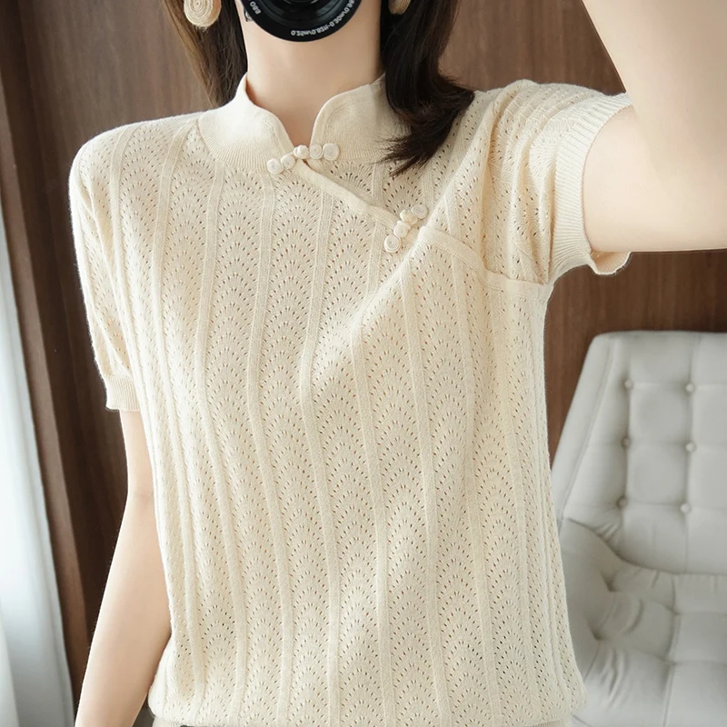 New Summer Women 100% Cotton Soft Sweater T-shirt Short-sleeve Chinese Cheongsam Buckle Hollow Pullover Tees Casual Knitted Tops