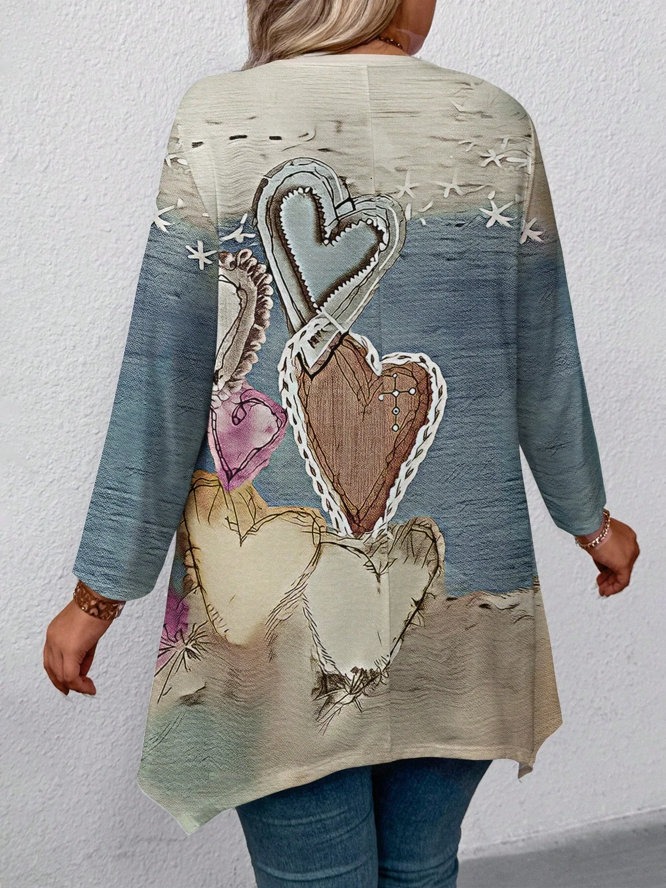 

Женская винтажная футболка больших размеров с принтом в виде сердечек, в стиле бохо-шик, с асимметричным подолом, рукавом 3/4, свободного кроя