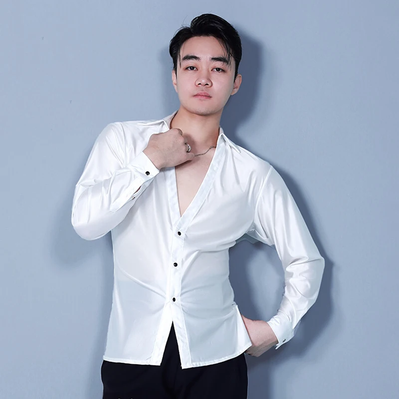 Latn Dance Competition Shirt For Men Satin Long Sleeve Top Male Tango Ballroom Dancing Performance Top White V-Neck Shirts 3624