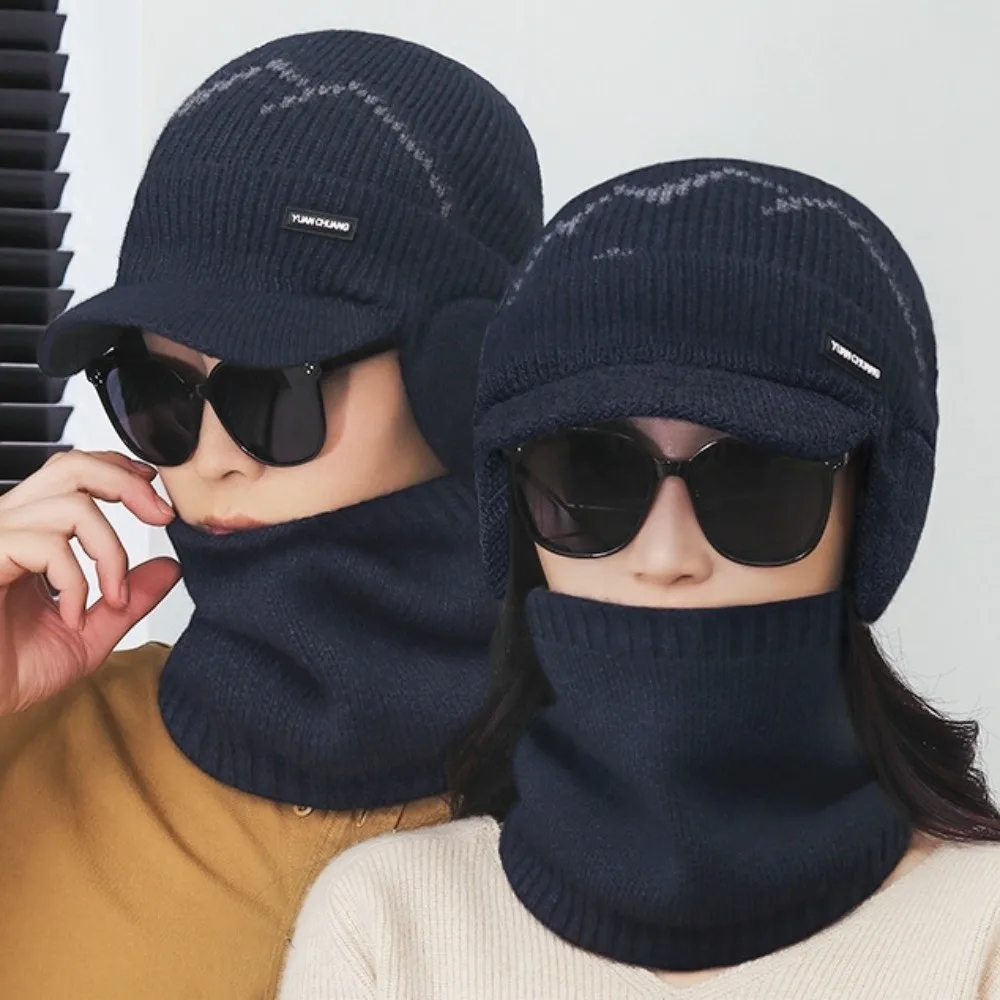 2Pcs Set Windproof Knitted Hat Neck Gaiter Plush Soft Sheep Wool Scarf Warm Thicken Winter Autumn Hat with Earflap Outdoor