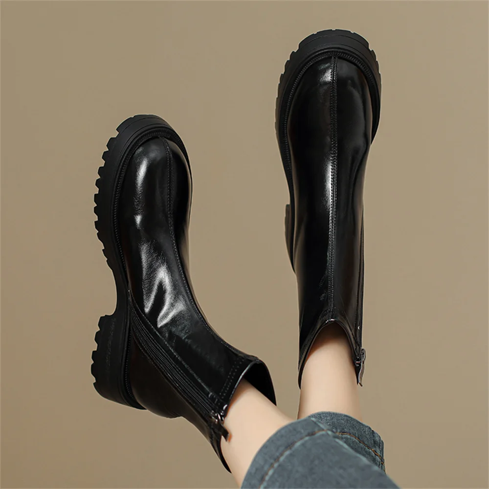 FEDONAS Punk Retro Women Ankle Boots Genuine Leather Thick High Heels Side Zipper Warm Short Shoes Woman Round Toe Boots