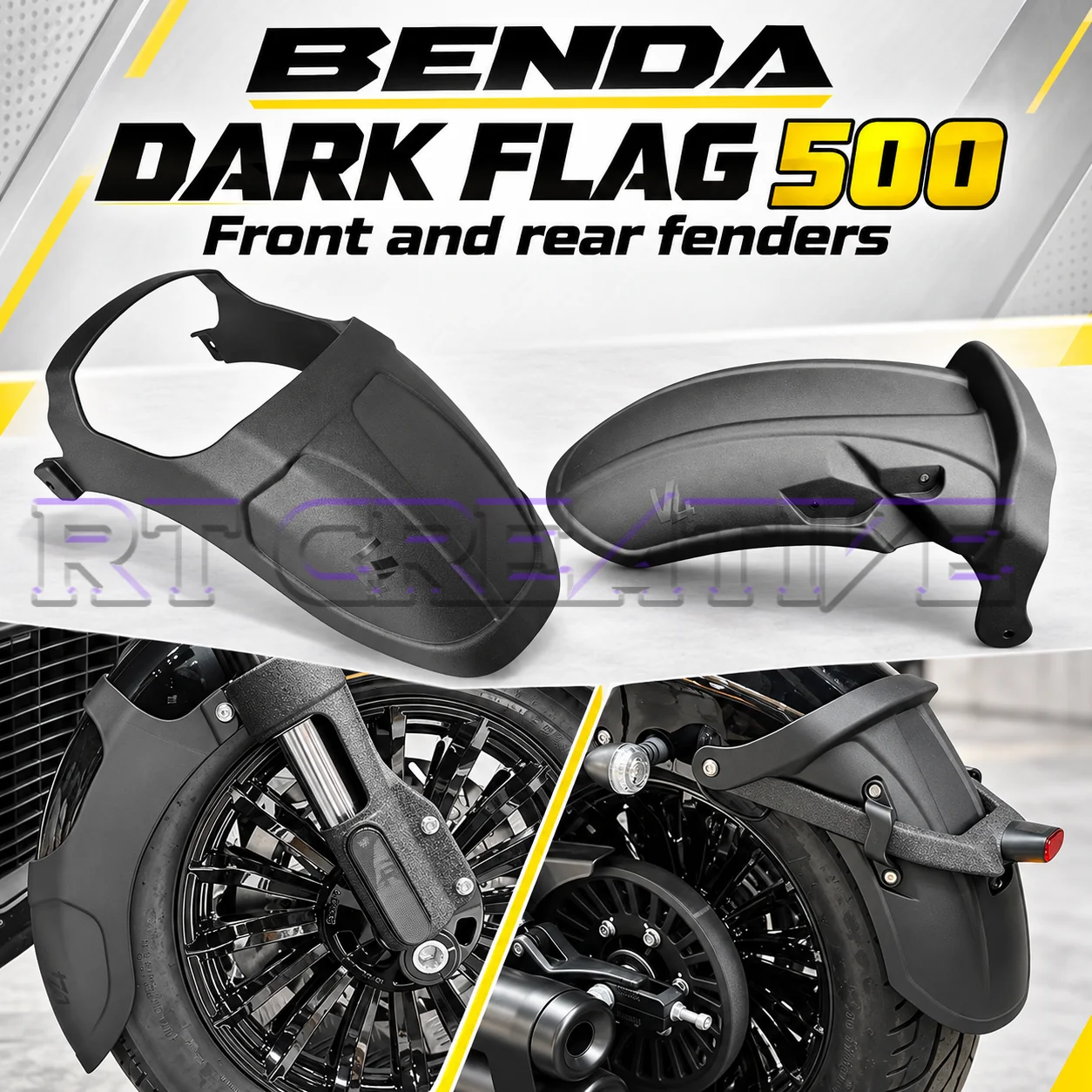 Motorcycle Lengthened & Widened Front Rear Fender Mudguard Set For Benda Dark Flag 500 Darkflag500 V4 Black Flag 500 Mod