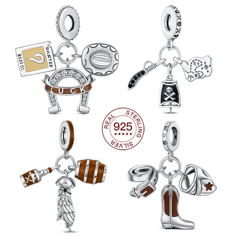 2025年流行 925スターリングシルバー ペンダント ブレスレット対応 DIY ウェスタン カウボーイ チャーム 海賊 オウム ビーズ ファッション エレガント ギフト デイリーウェア