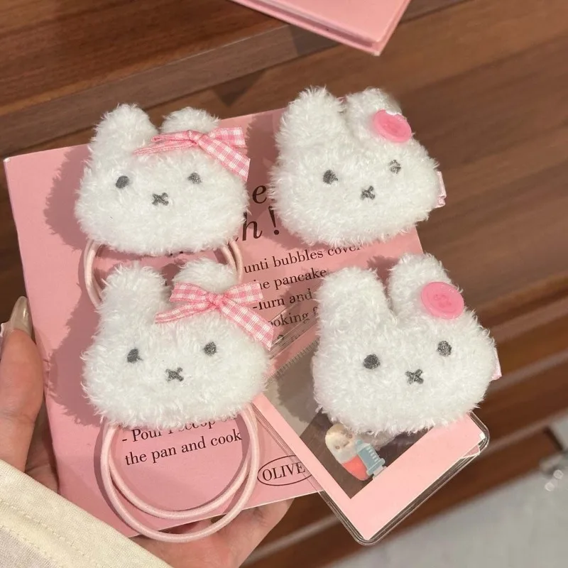 New Kawaii Miffy Rabbit Pink Cartoon Bow Hair Clip Plush Hair Rope Cute Sweet Headwear Hair Accessories Girl Gift