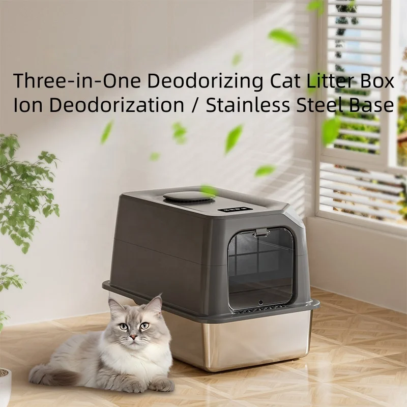 3-in-1 Deodorizing Stainless Steel Cat Litter Box Fully Enclosed Oversized Plasma Deodorization Three-Speed
