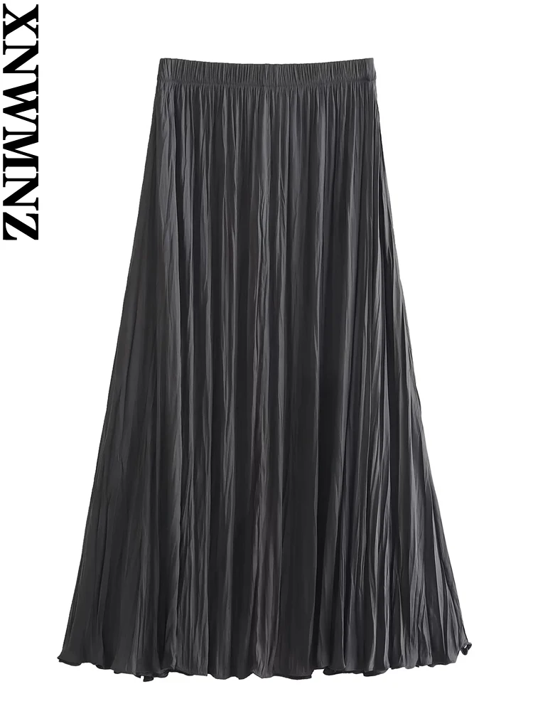 XNWMNZ Women Vintage pleated midi skirt Women\'s fashion elasticated waistband high-waist pleated midi skirt asymmetric hem