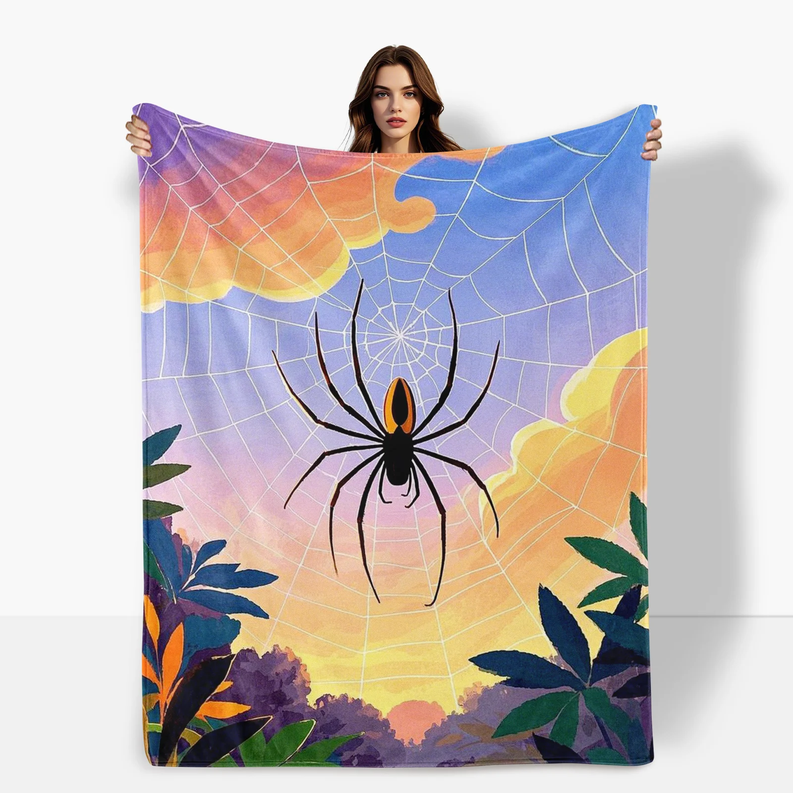 Enchanting Spider Design Blanket With Grass Spider Web And Colorful Clouds For Whimsical Home Aesthetic