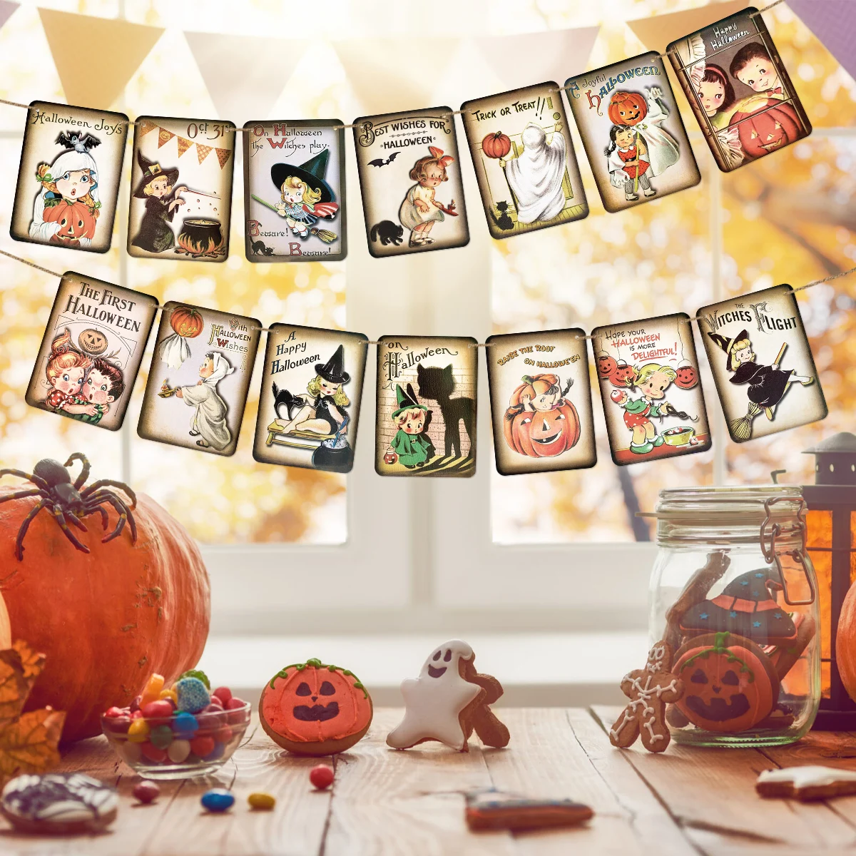 14pcs Halloween Hanging Card Pumpkin,Cat Partern Halloween Wall Hanging Banner for Party Home Room Decor Vintage Banner Decor