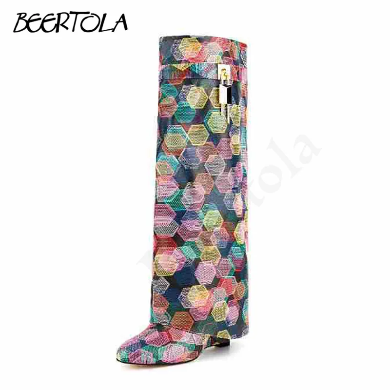 Women's Lock Wedge Heel Trouser Boots Pointed Toe Pleated Pile Boots Colorful Skirt Print Large Size Fashion Knee-High Boots