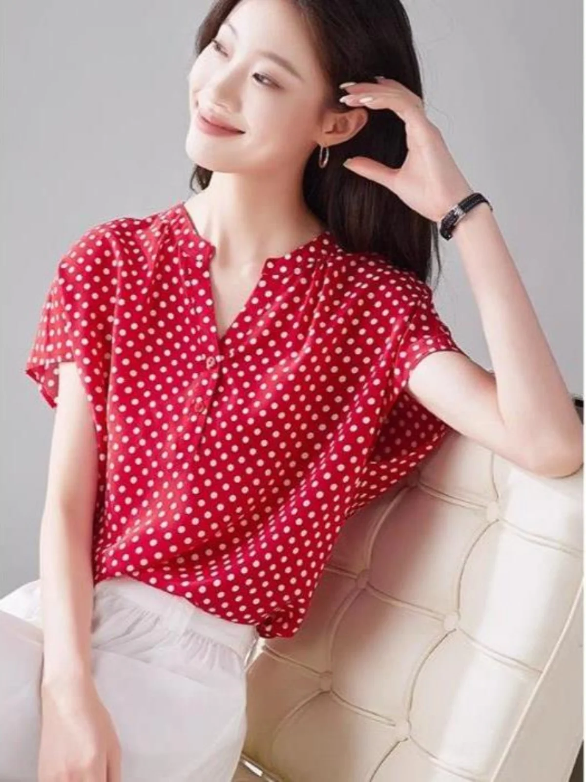 

Oule Polka Dot Women's Shirt Summer Fashion Loose V-Neck Short Sleeve Chiffon Top Commute Style Printed Polyester Fiber