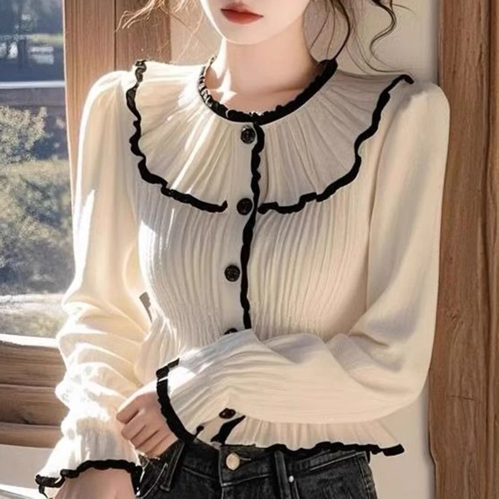 2025 French high-end foreign-style design long-sleeved shirt women's spring and autumn  ruffle edge unique beautiful top