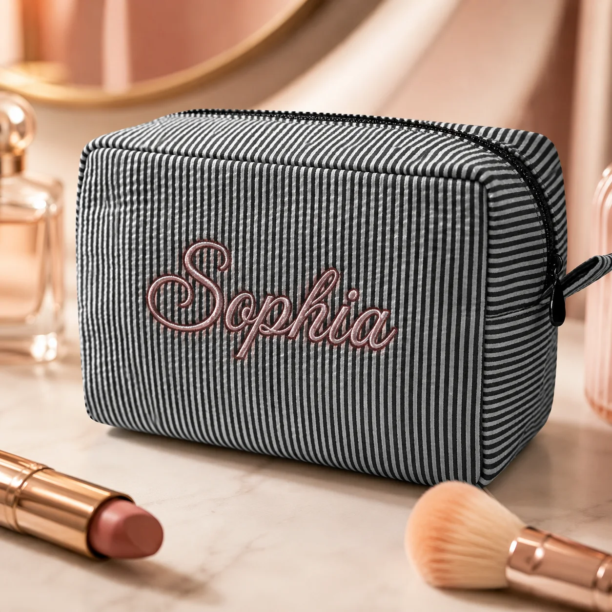 Custom Embroidered Cosmetic Bag Personalized Makeup Bag Multi Color Name Text Zipper Toiletry Pouch Bridesmaid Travel Gift Women