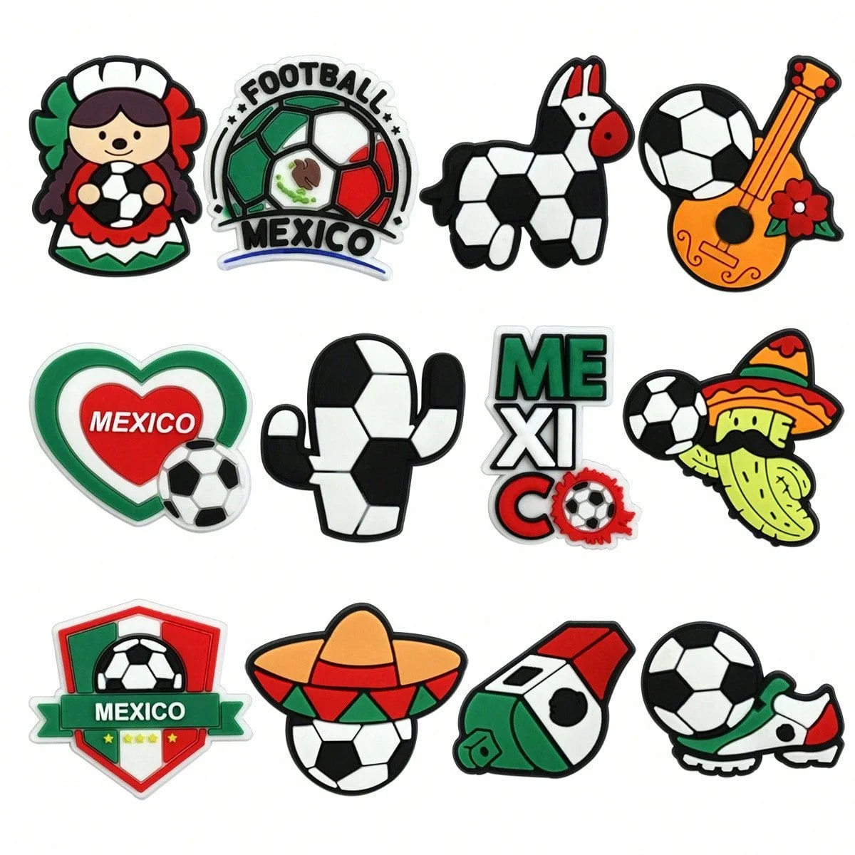 20Pcs Mexico Soccer Croc Charms Mexican Culture Football Shoe Decoration Charms PVC Sports Shoe Pins for Clogs Sandals Backpack Kids Teens Party Favors