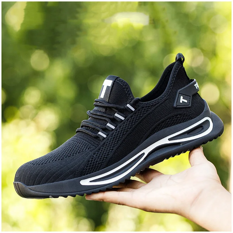 large size men fashion steel toe caps working safety shoes breathable mesh worker sneakers summer tooling security boots black