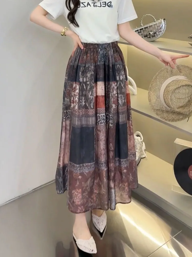 

Faionable Retro Printed High Waist Elastic Long Skirt Casual Sle Summer New Korean System f Body Skirt Ladylike Commute