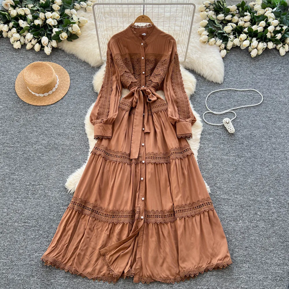 Sexy lange mouw haak bloem holle knop jurk chique vintage avondfeest club vrouwen chique zomer strand lange jurken